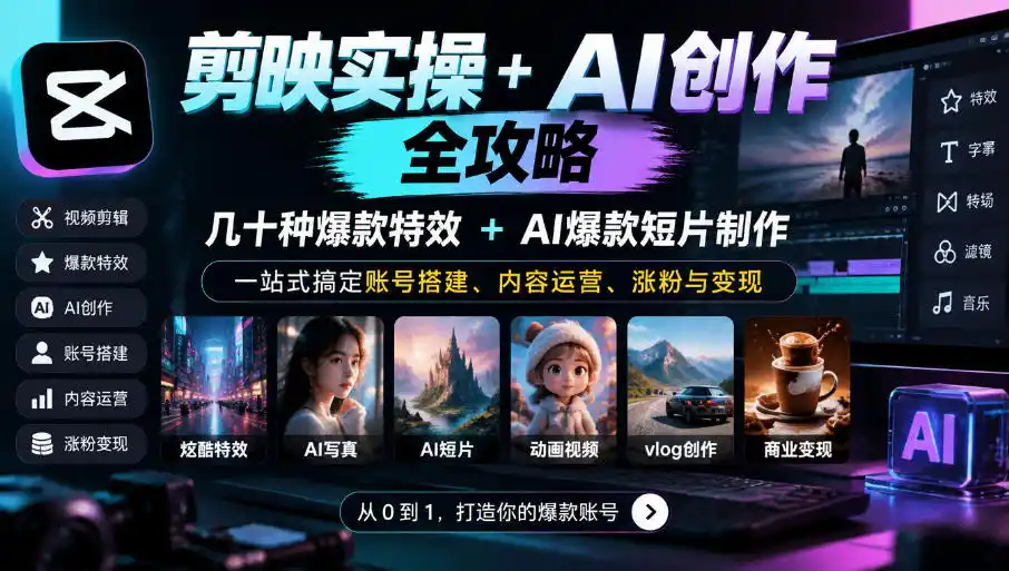 剪映实操+AI创作全攻略｜几十种爆款特效+AI爆款短片制作，一站式搞定账号搭建、内容运营、涨粉与变现-小玖网_综合网创资源_优质付费资源_知识付费网课平台_创业项目