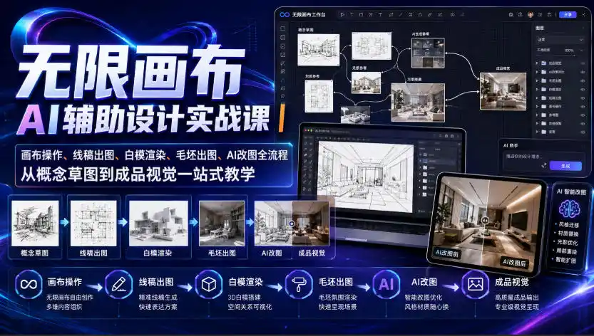 无限画布AI辅助设计实战课｜画布操作、线稿出图、白模渲染、毛坯出图、AI改图全流程，从概念草图到成品视觉一站式教学(更新0923)-小玖网_综合网创资源_优质付费资源_知识付费网课平台_创业项目