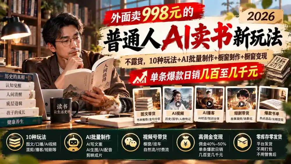 外面卖998元的2026普通人AI卖书新玩法：不露脸、不囤货，10种玩法+AI批量制作+橱窗变现，单条爆款日销几百至几千元-小玖网_综合网创资源_优质付费资源_知识付费网课平台_创业项目