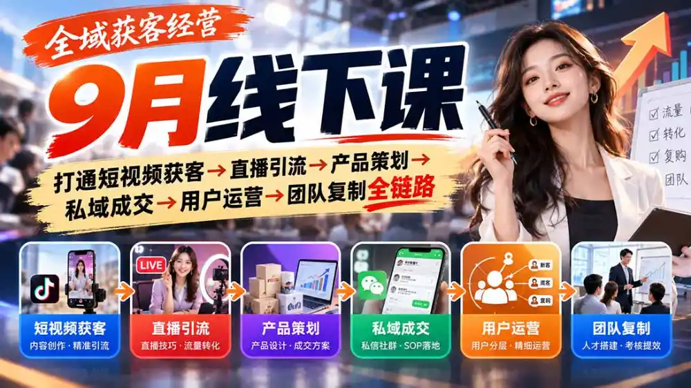 全域获客经营9月线下课：打通短视频获客→直播引流→产品策划→私域成交→用户运营→团队复制全链路-小玖网_综合网创资源_优质付费资源_知识付费网课平台_创业项目