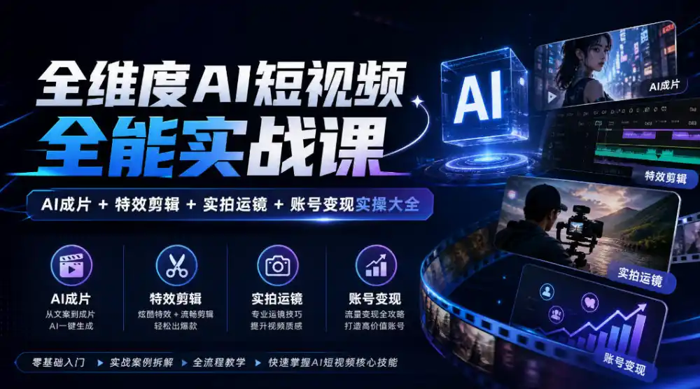 全维度AI短视频全能实战课，AI成片+特效剪辑+实拍运镜+账号变现实操大全-小玖网_综合网创资源_优质付费资源_知识付费网课平台_创业项目