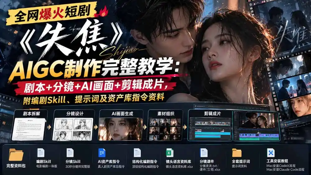 全网爆火短剧《失焦》AIGC制作完整教学：剧本+分镜+AI画面+剪辑成片，附编剧Skill、提示词及资产库指令资料-小玖网_综合网创资源_优质付费资源_知识付费网课平台_创业项目