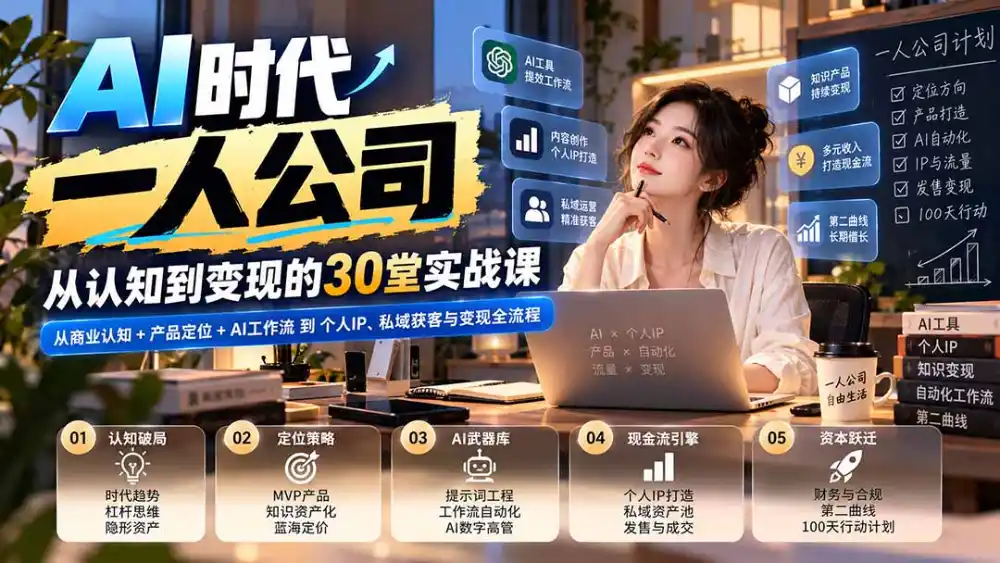 【无水印】AI时代一人公司30堂实战课：从商业认知+产品定位+AI工作流到个人IP、私域获客与变现全流程-小玖网_综合网创资源_优质付费资源_知识付费网课平台_创业项目