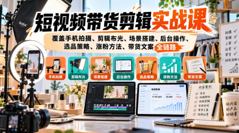 短视频带货剪辑实战课，覆盖手机拍摄、剪辑布光、场景搭建、后台操作、选品策略、涨粉方法、带货文案全链路-小玖网_综合网创资源_优质付费资源_知识付费网课平台_创业项目