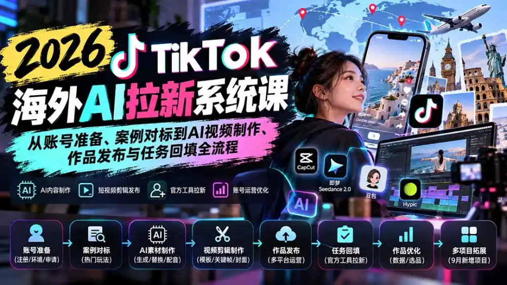 【无水印】2026 TikTok海外AI拉新系统课：从账号准备、案例对标到AI视频制作、作品发布与任务回填全流程-小玖网_综合网创资源_优质付费资源_知识付费网课平台_创业项目