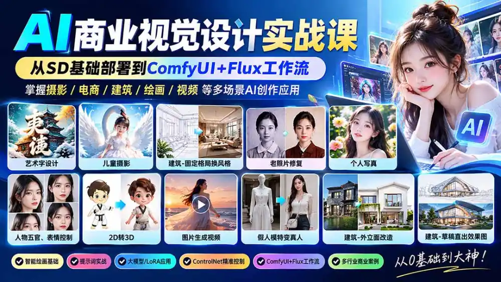 【无水印】AI商业视觉设计实战课：从SD基础部署到ComfyUI+Flux工作流，掌握摄影电商建筑AI创作-小玖网_综合网创资源_优质付费资源_知识付费网课平台_创业项目