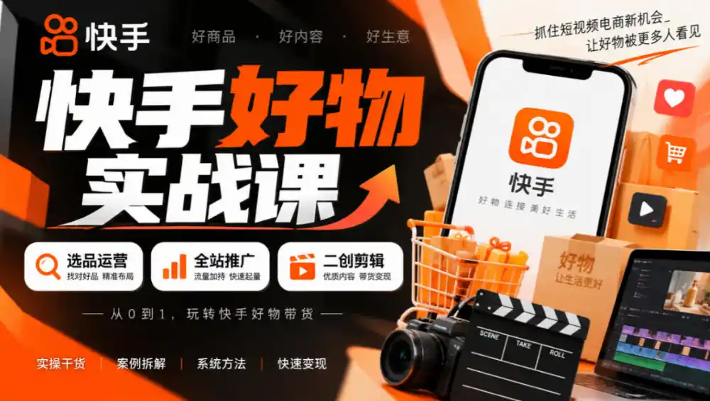 快手好物实战课｜选品运营+全站推广+二创剪辑带货变现-小玖网_综合网创资源_优质付费资源_知识付费网课平台_创业项目