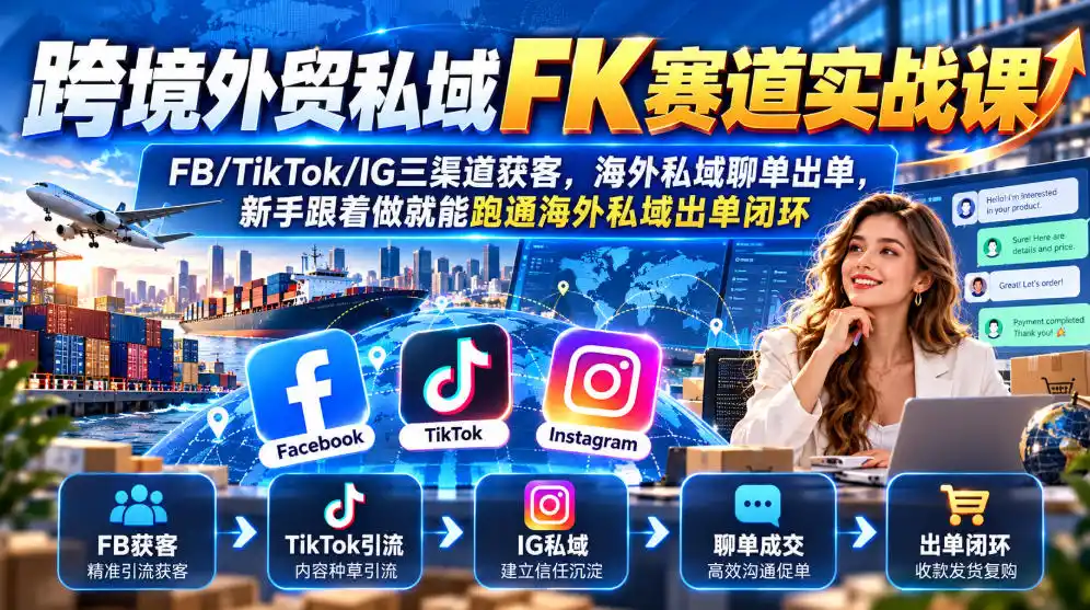 跨境外贸私域FK赛道实战课｜FB/TikTok/IG三渠道获客，海外私域聊单出单，新手跟着做就能跑通海外私域出单闭环-小玖网_综合网创资源_优质付费资源_知识付费网课平台_创业项目
