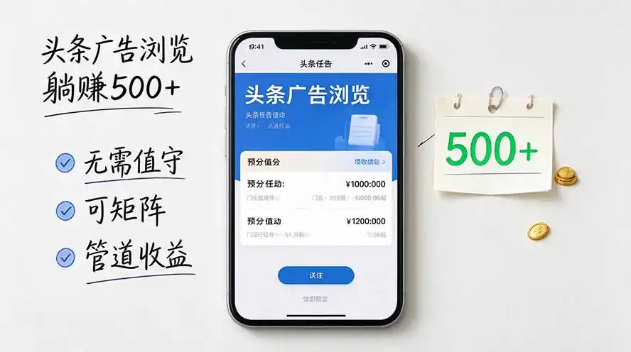 头条广告浏览躺赚500+无需值守，可矩阵并附有管道收益-小玖网_综合网创资源_优质付费资源_知识付费网课平台_创业项目