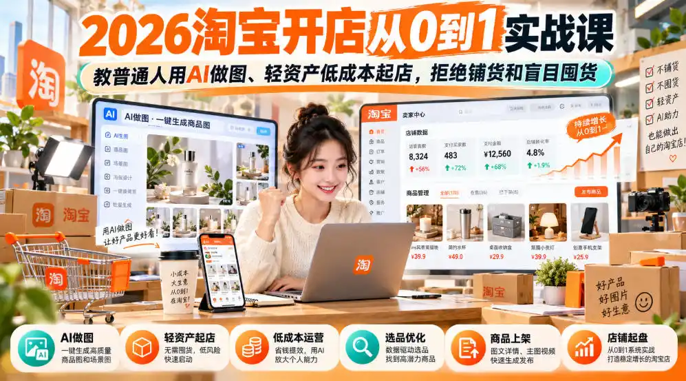 2026淘宝开店从0到1实战课，教普通人用AI做图、轻资产低成本起店，拒绝铺货和盲目囤货-小玖网_综合网创资源_优质付费资源_知识付费网课平台_创业项目
