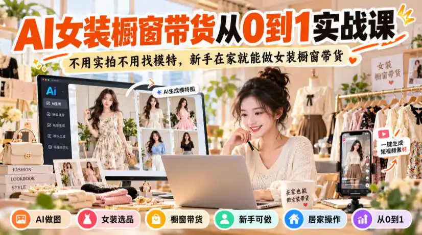 AI女装橱窗带货从0到1实战课，不用实拍不用找模特，新手在家就能做女装橱窗带货-小玖网_综合网创资源_优质付费资源_知识付费网课平台_创业项目