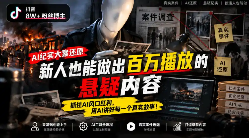 抖音8W粉丝博主的AI纪实大案还原教学，新人也能做出百W播放的悬疑内容，抓住AI风口红利，用AI讲好每一个真实故事-小玖网_综合网创资源_优质付费资源_知识付费网课平台_创业项目