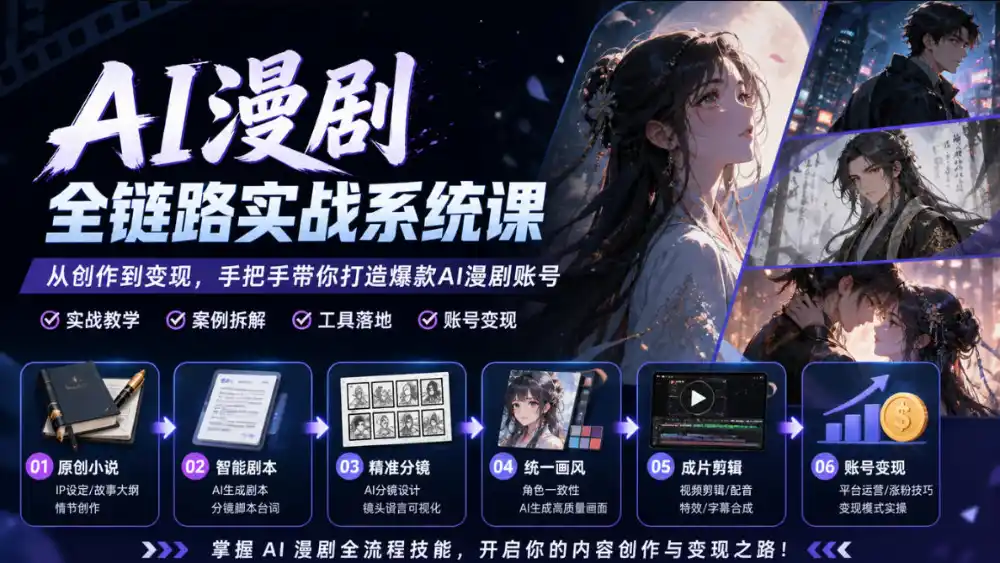 AI漫剧全链路实战系统课｜原创小说、智能剧本、精准分镜、统一画风、成片剪辑、账号变现实操教学-小玖网_综合网创资源_优质付费资源_知识付费网课平台_创业项目