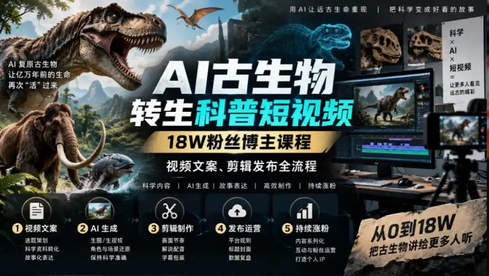 AI古生物转生科普短视频，18W粉丝博主课程，视频文案、剪辑发布全流程-小玖网_综合网创资源_优质付费资源_知识付费网课平台_创业项目